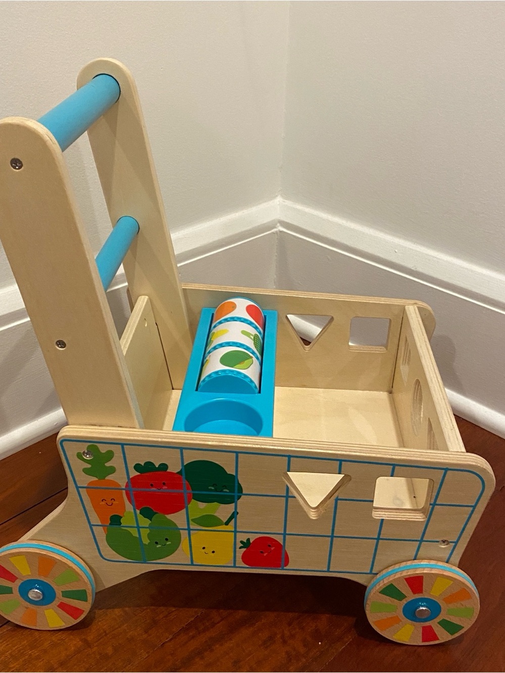 Wooden Melissa & Doug Push Shopping Cart Walker in Natural and Blue for Kids